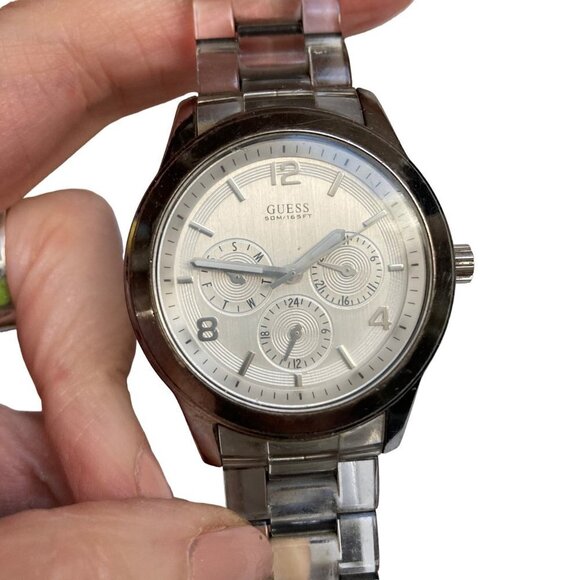 Guess Mens Watch Water Resistant Stainless Steel Clear Band Works New Battery - Picture 11 of 14
